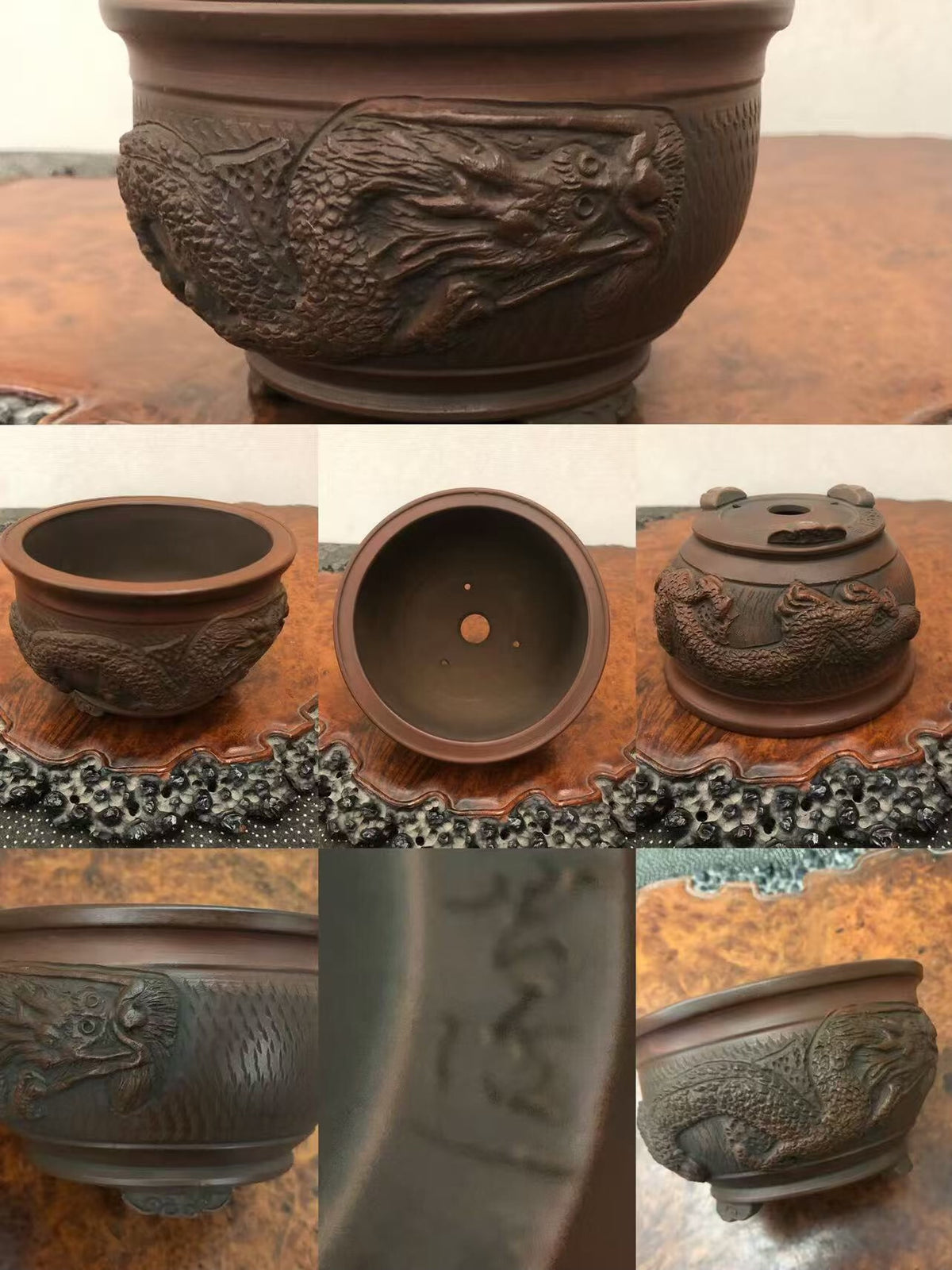 Dark brown glazed ceramic pot with raised dragon relief, shown from multiple angles.