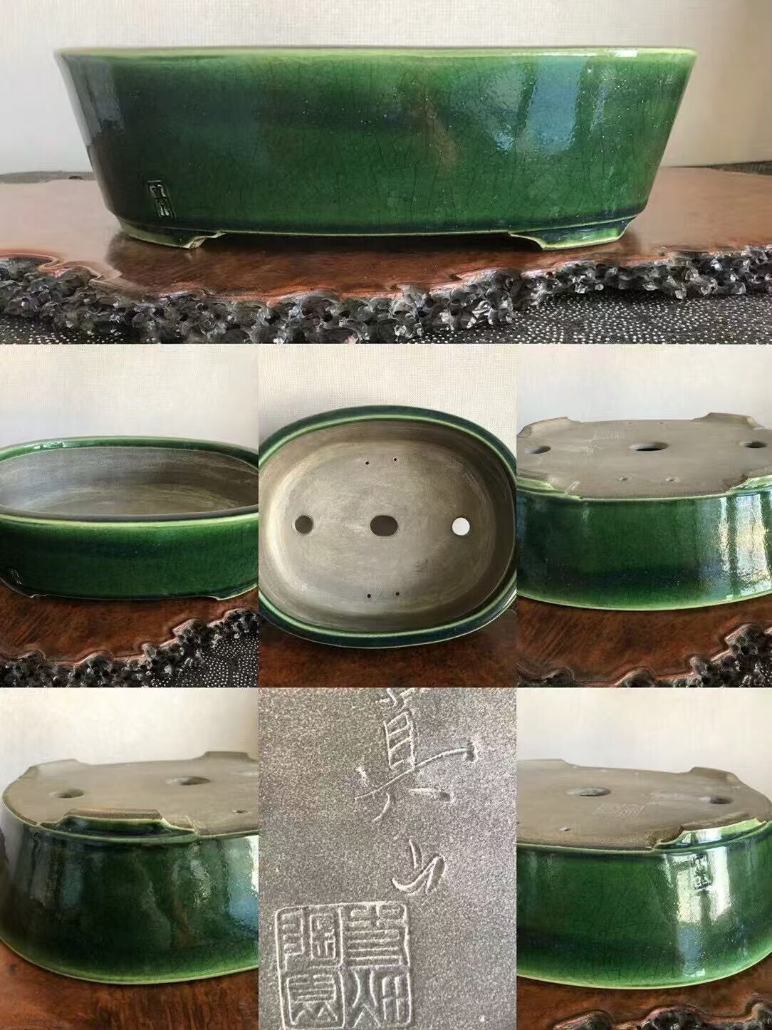 A glossy green ceramic bonsai pot with three drainage holes and a square maker's mark.