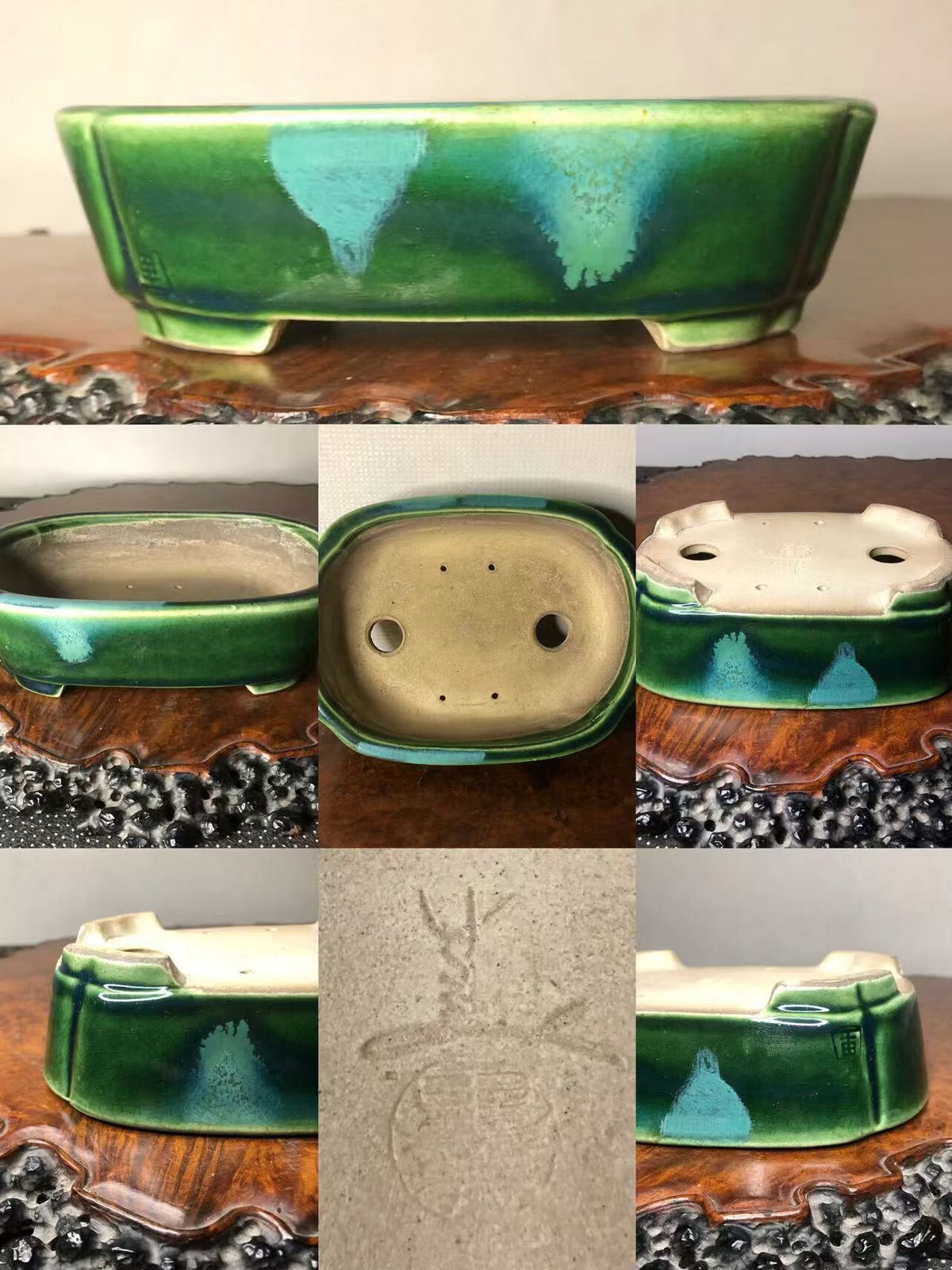 Rectangular green glazed pot with drip marks, unglazed base, and carved mark.