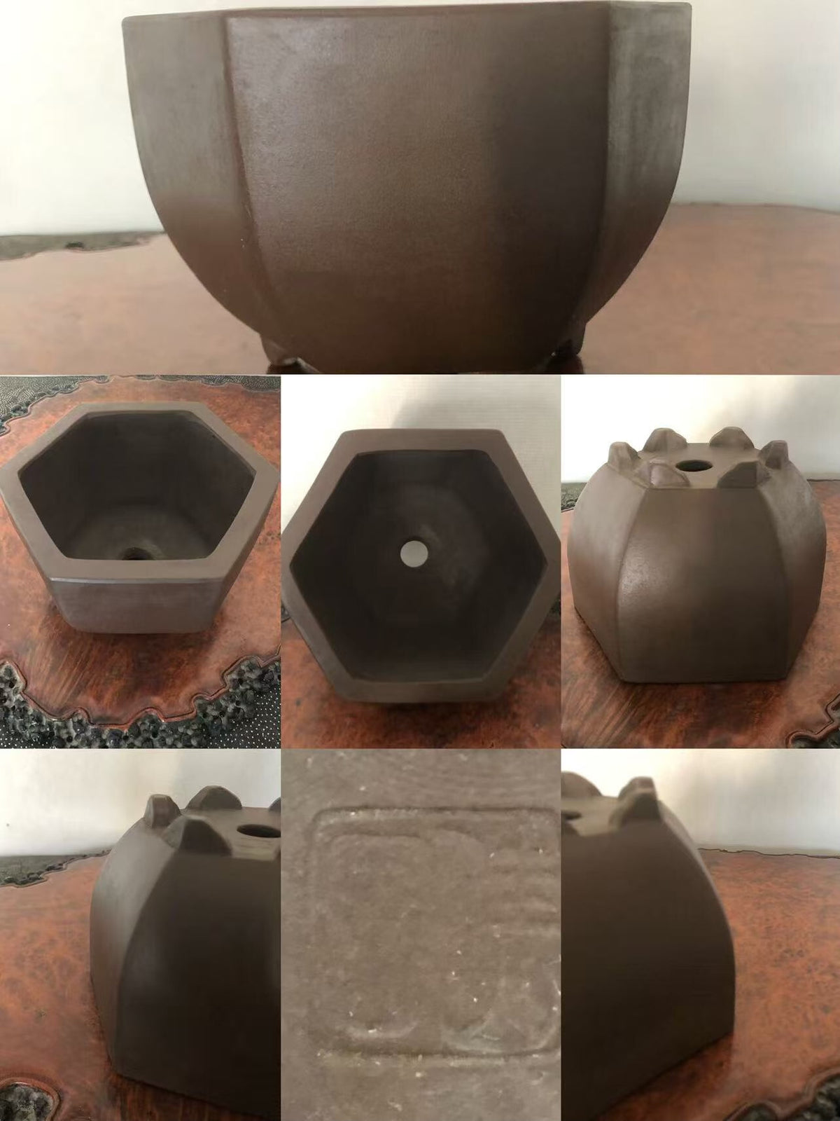 Dark brown hexagonal ceramic pot with matte finish, showing interior and decorative rim.