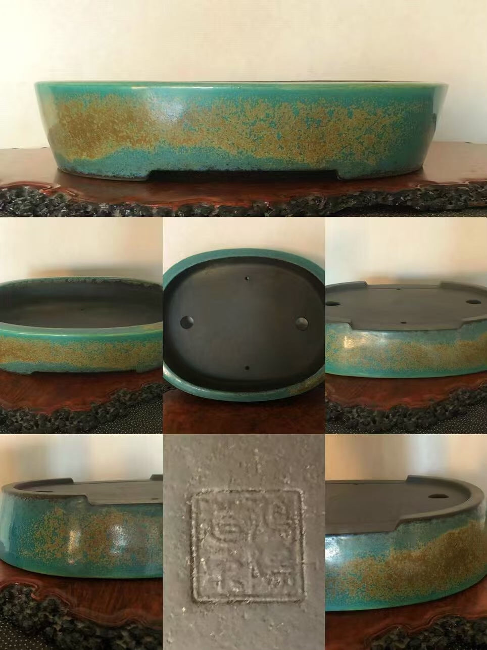 A glazed bonsai pot with a turquoise and gold speckled finish, showing its base and drainage holes.