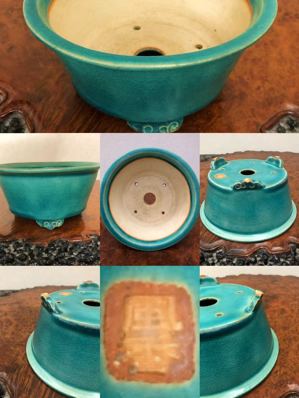 Turquoise glazed ceramic bonsai pot with three feet and a brown stamped mark.