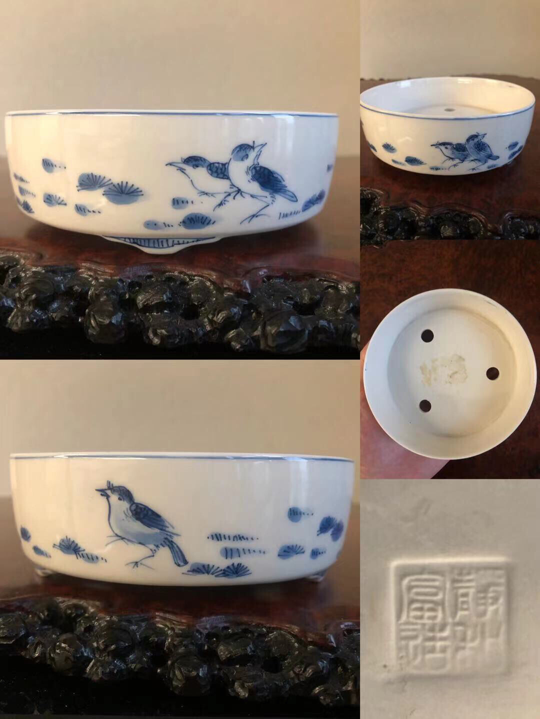 White ceramic bonsai pot with blue bird and pine decoration, glossy finish, three views shown.