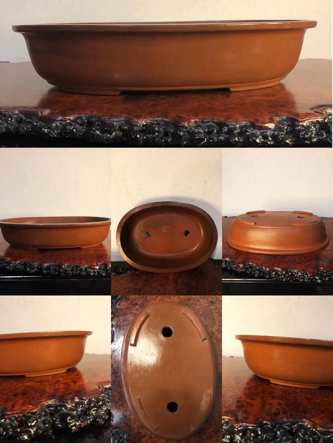 A brown glazed bonsai pot, oval with drainage holes, shown from multiple angles.