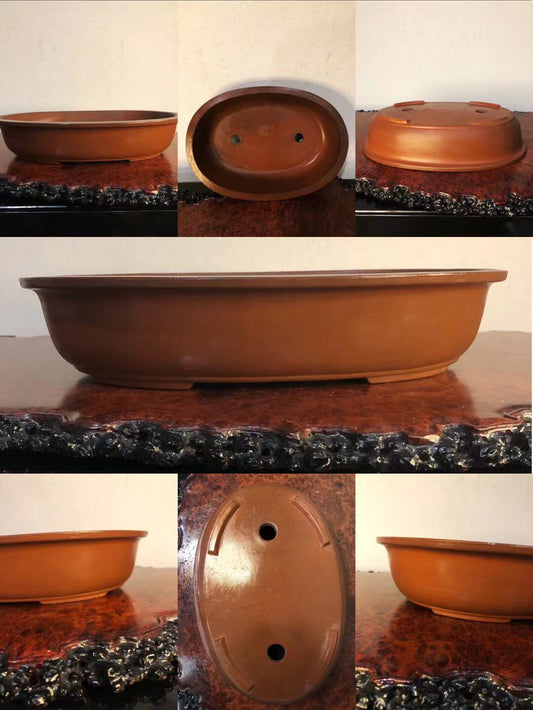 A brown glazed bonsai pot, oval with drainage holes, shown from multiple angles.