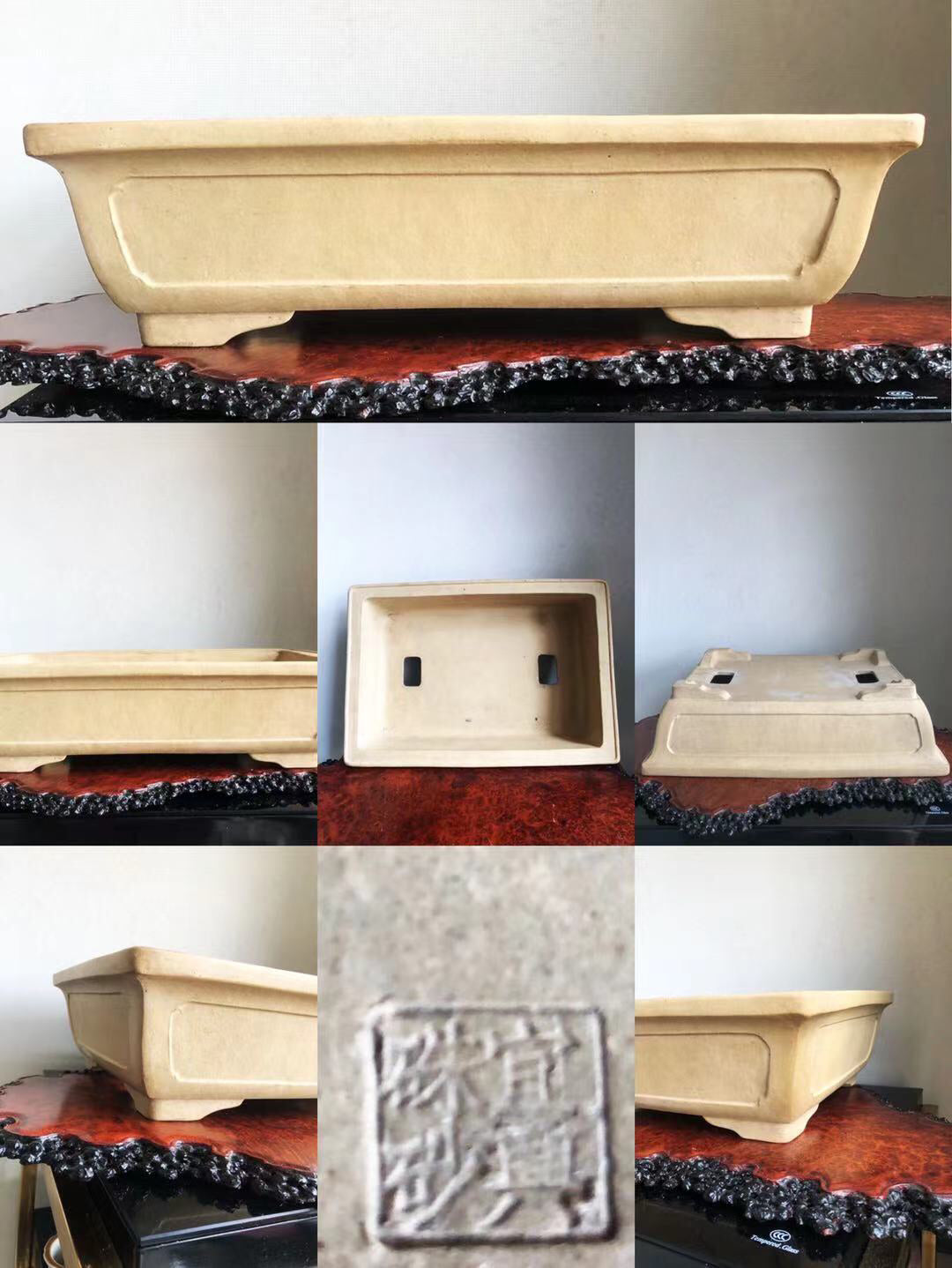Beige rectangular ceramic pot with incised square mark and two small holes on base.