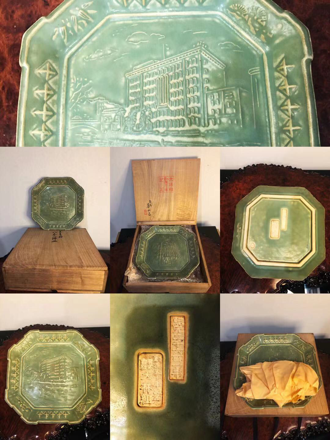 Six green glazed octagonal pots, each with raised building scenes and decorative borders.