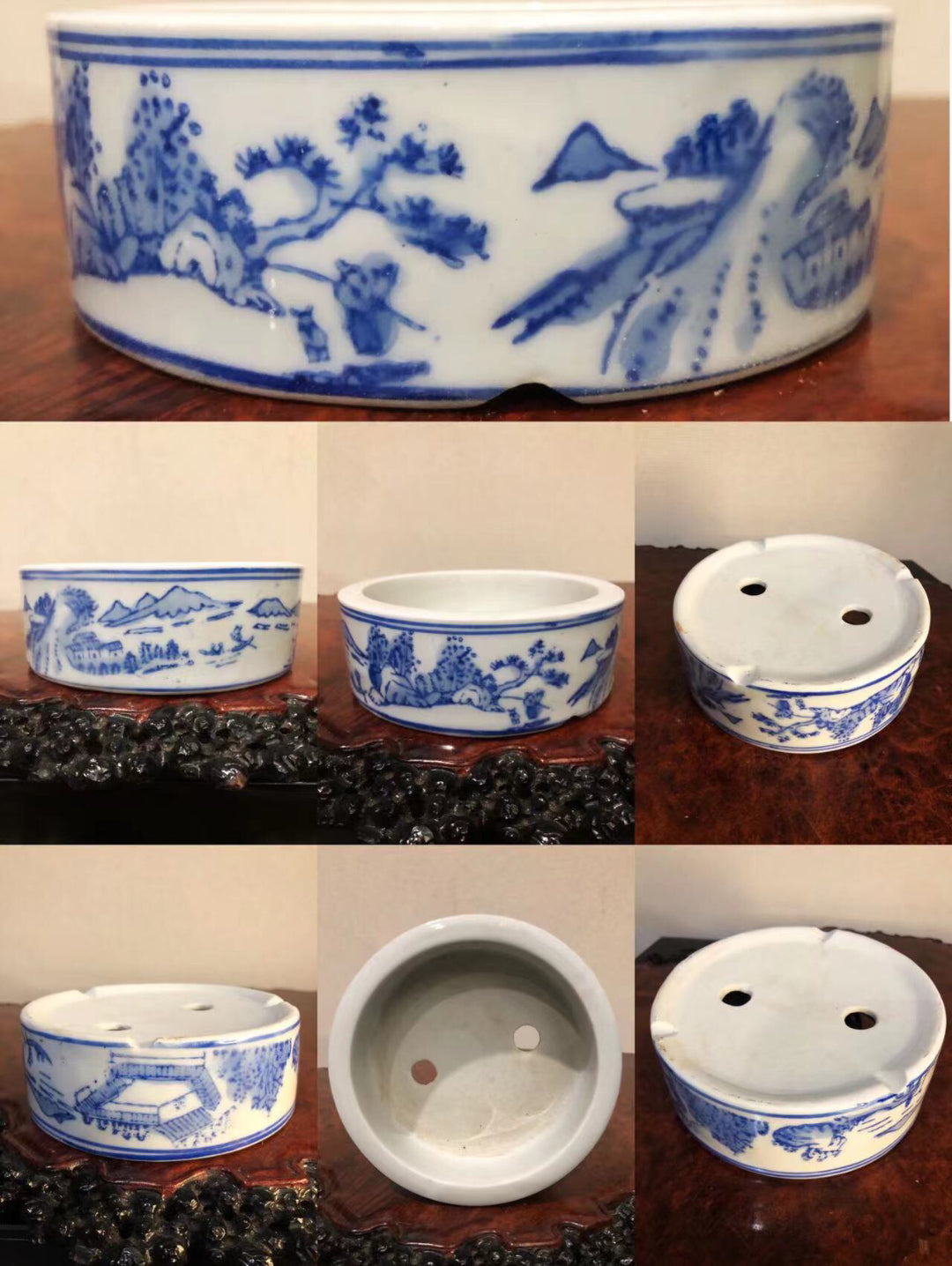 Five blue and white ceramic pots with landscape scenes, each with two drainage holes.