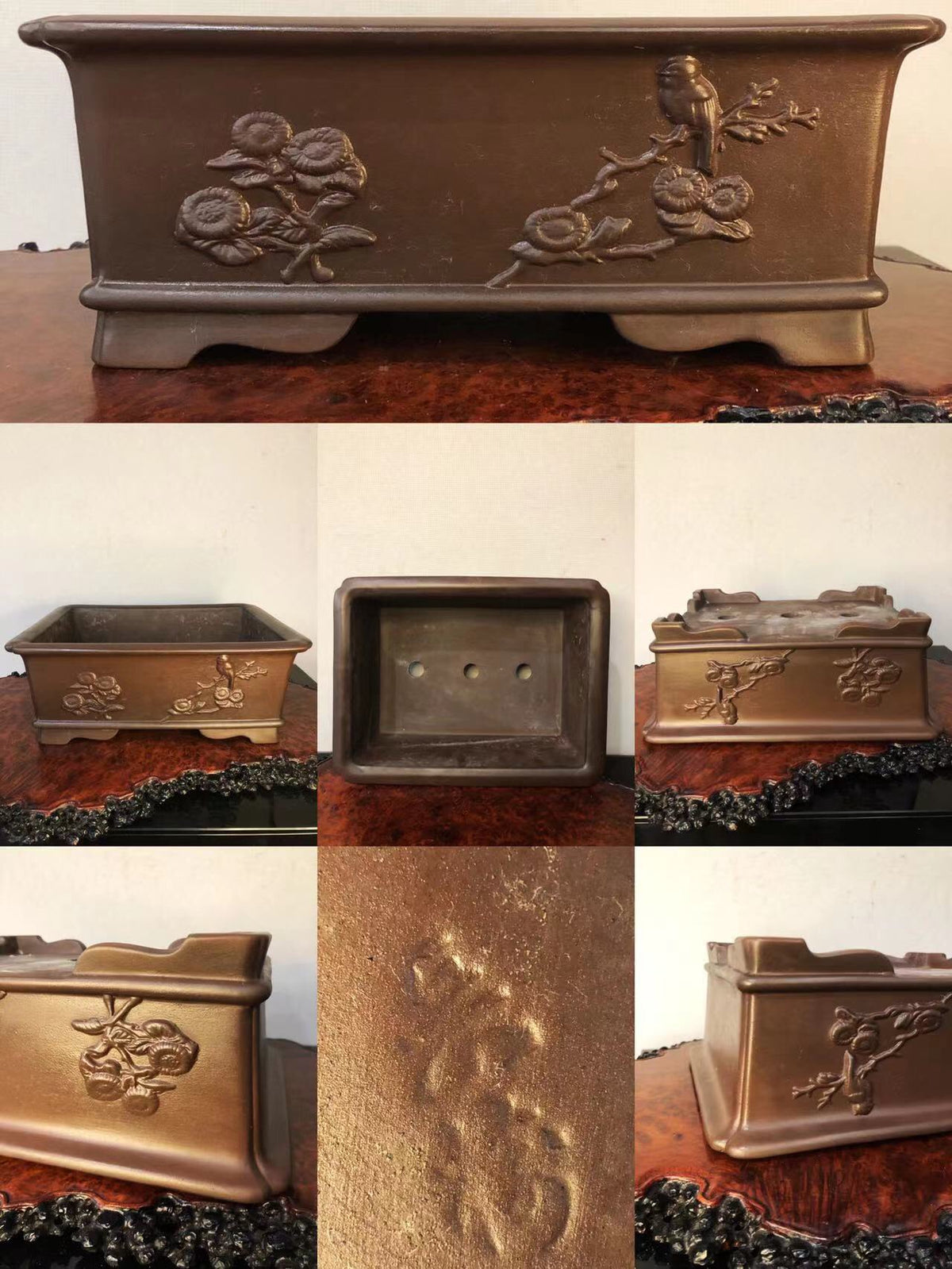 Dark brown rectangular pot with raised floral and bird relief, matte finish, showing interior and base.