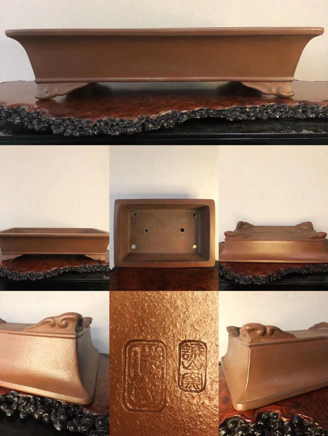 Rectangular brown glazed pot with carved seal marks, shown from multiple angles.