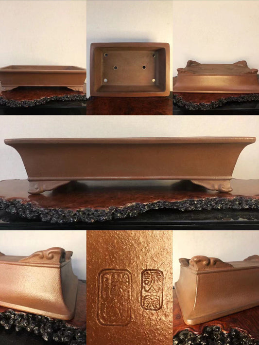 Rectangular brown glazed pot with carved seal marks, shown from multiple angles.