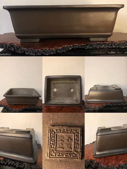 Dark brown rectangular pot with matte finish, showing base and decorative square seal.