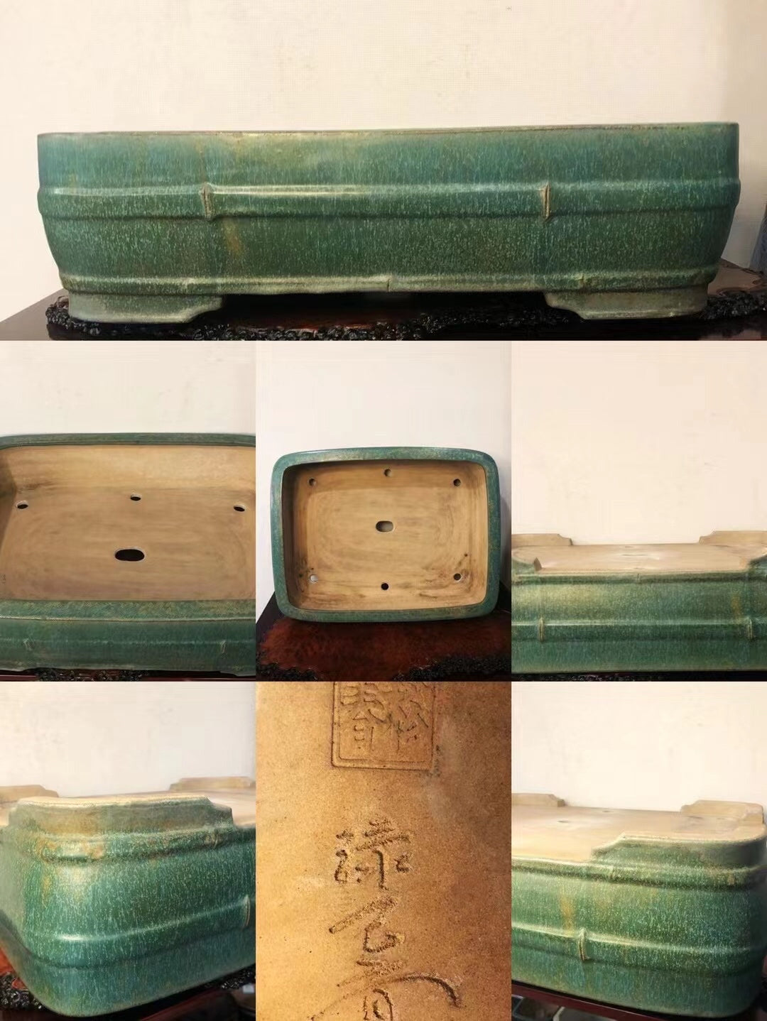 A green glazed rectangular pot with bamboo-style ridges and a stamped mark on its base.