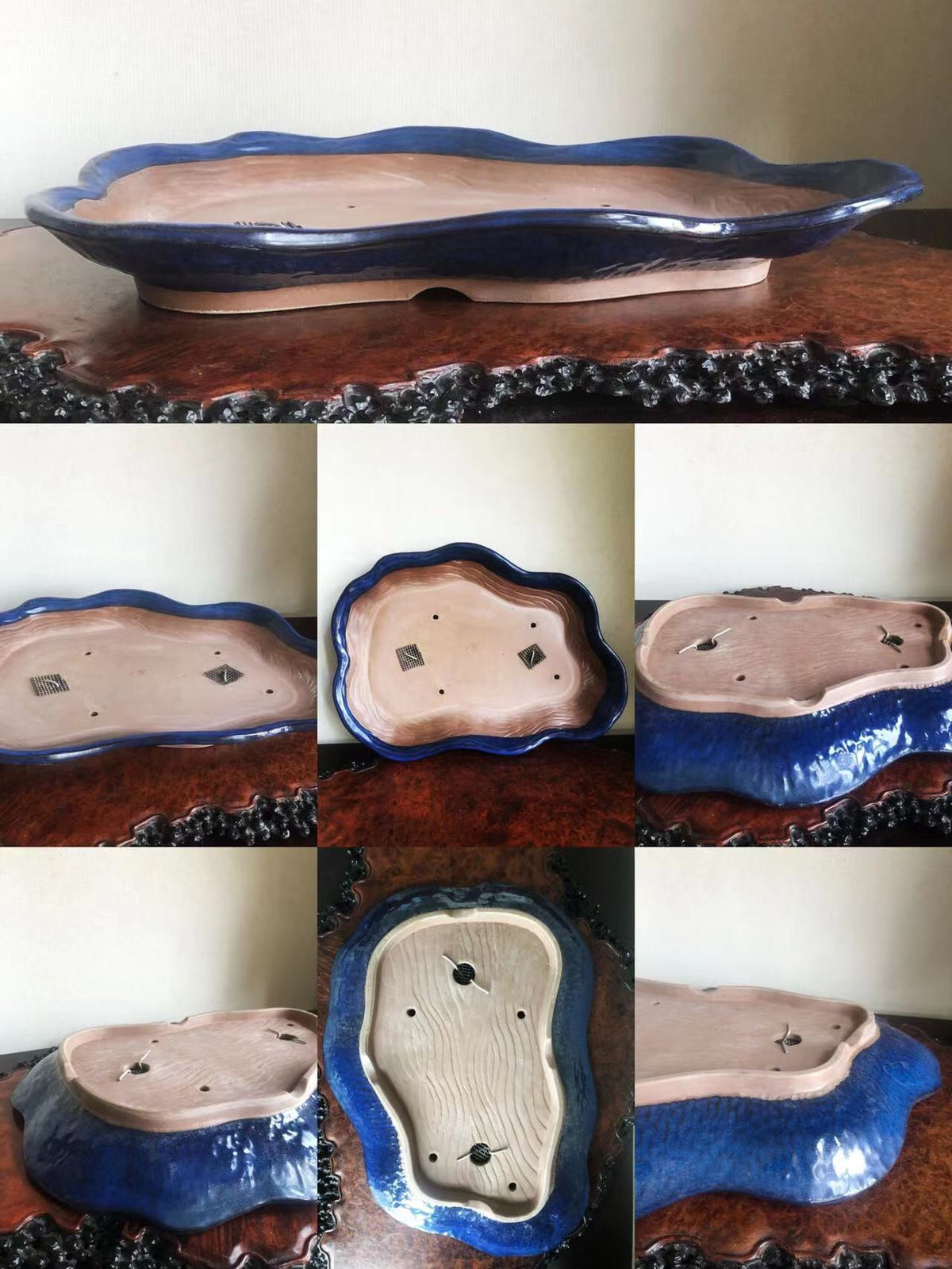 A glossy blue glazed pot with a wavy rim and unglazed beige interior, shown from multiple angles.