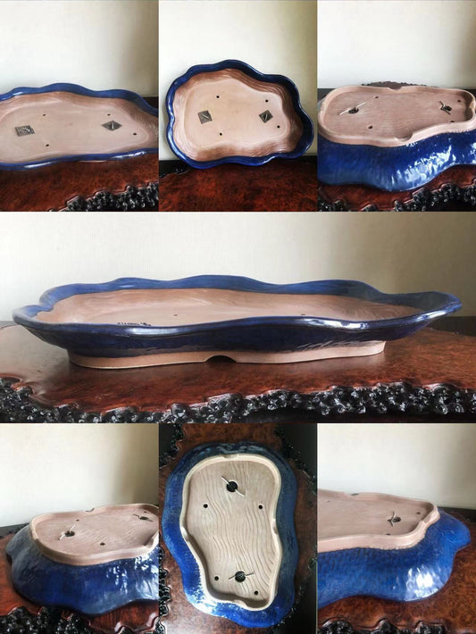 A glossy blue glazed pot with a wavy rim and unglazed beige interior, shown from multiple angles.