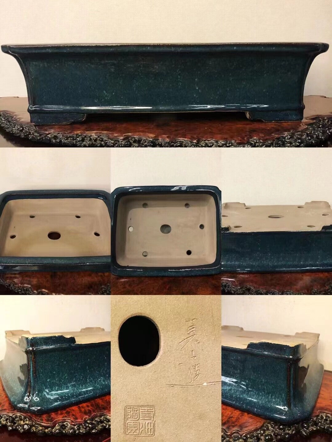 Dark teal glazed rectangular pot with matte interior, one circular hole and four smaller holes.
