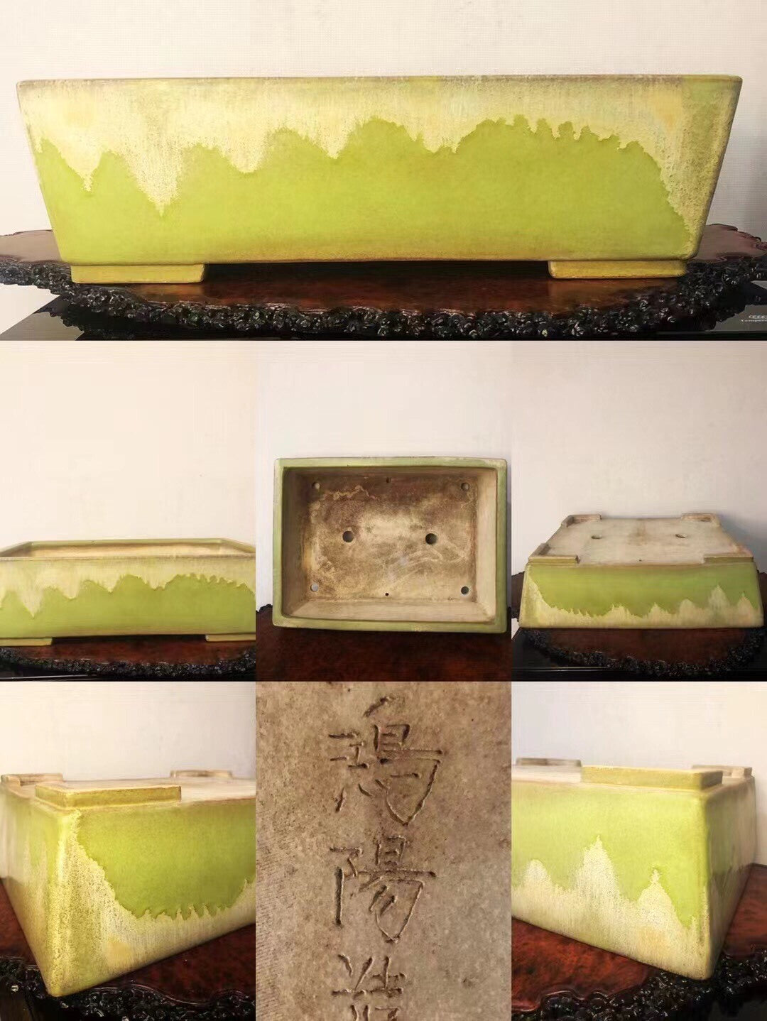 Rectangular glazed pot with lime green drip glaze and carved kanji on stone plaque.