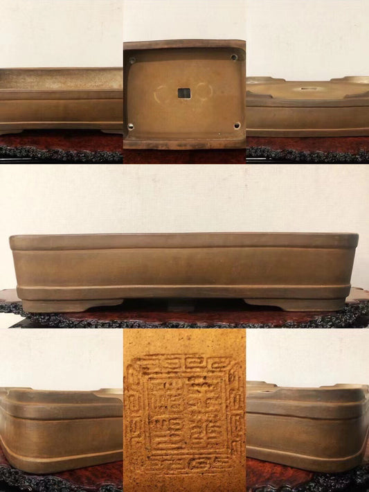 Rectangular bronze pot with engraved square pattern on base, matte finish, four mounting holes.
