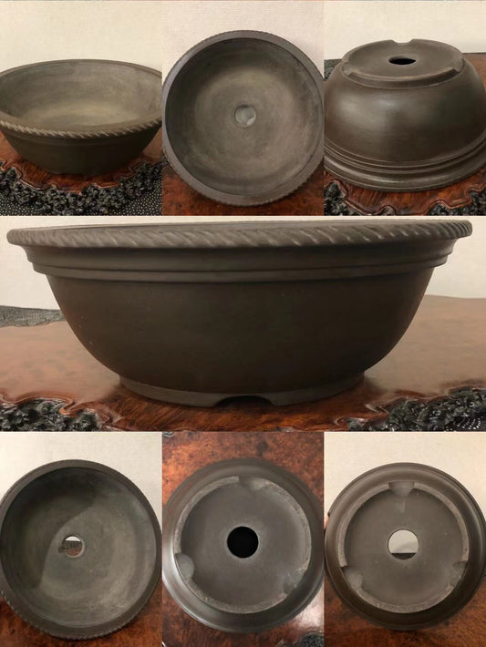 Dark grey unglazed ceramic pot with ribbed rim, shown from multiple angles.