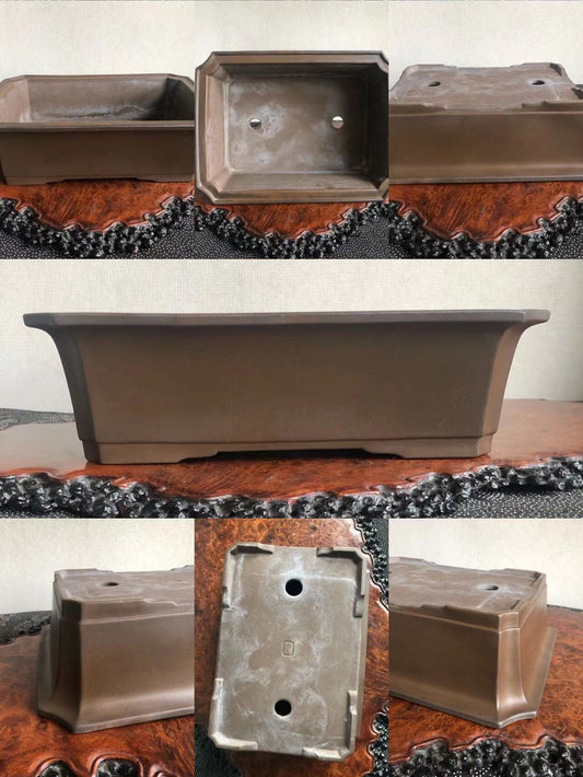 A dark brown, rectangular ceramic bonsai pot with a matte finish and two drainage holes.
