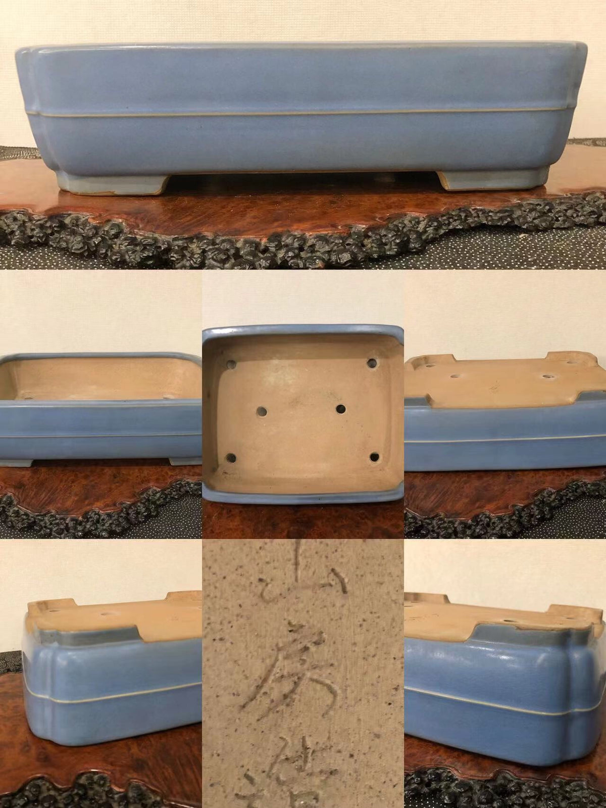 Rectangular blue glazed pot with gold rim, unglazed base, and visible maker's mark.
