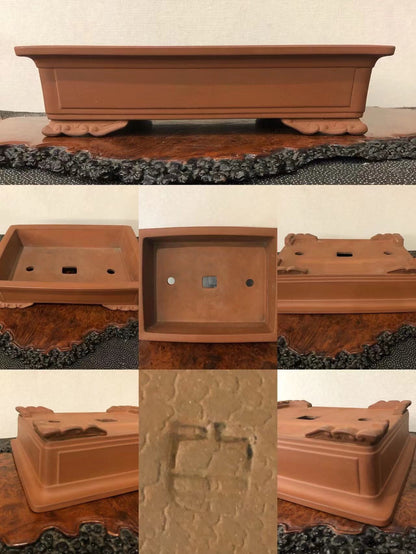 Rectangular terracotta bonsai pot with footed base, unglazed matte finish, and central square mark.