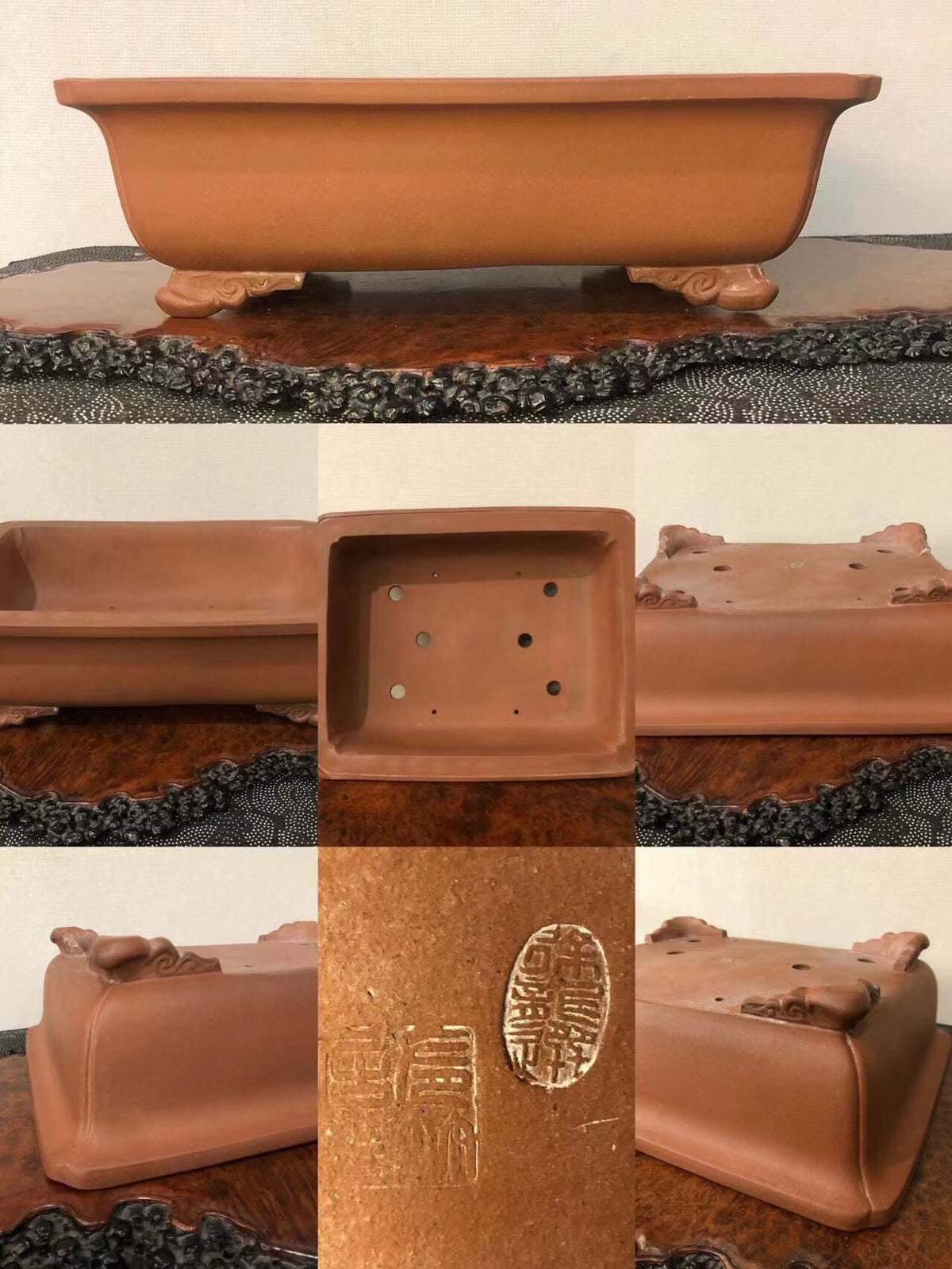 A terracotta bonsai pot with a rectangular shape, four feet, and an oval maker's mark.