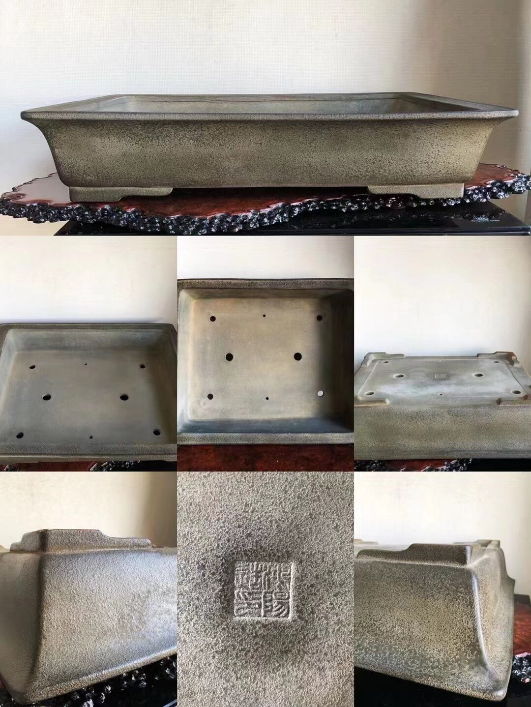 Rectangular grey glazed pot with speckled texture and stamped square mark on base.