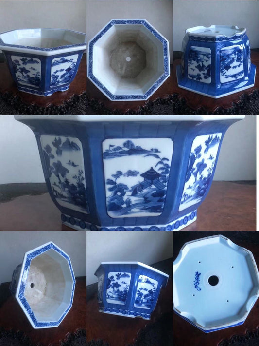 Octagonal blue and white ceramic pot with landscape scenes on panels, showing interior and base.