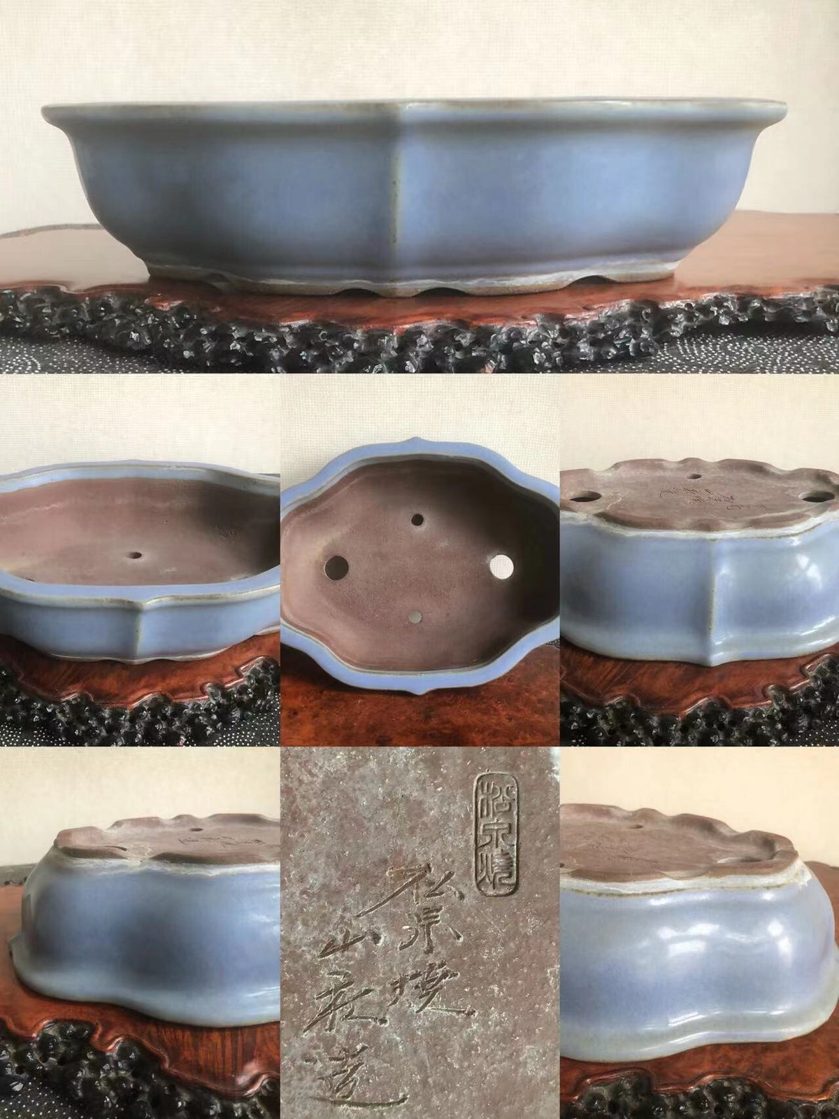 A light blue glazed hexagonal bonsai pot with a scalloped rim and three drainage holes.