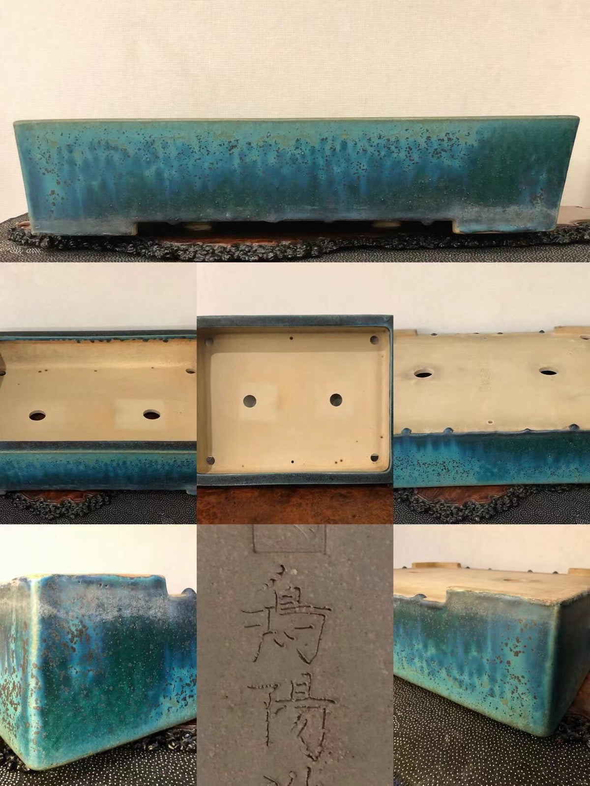 Rectangular glazed pot with mottled blue-green glaze and carved characters on its base.