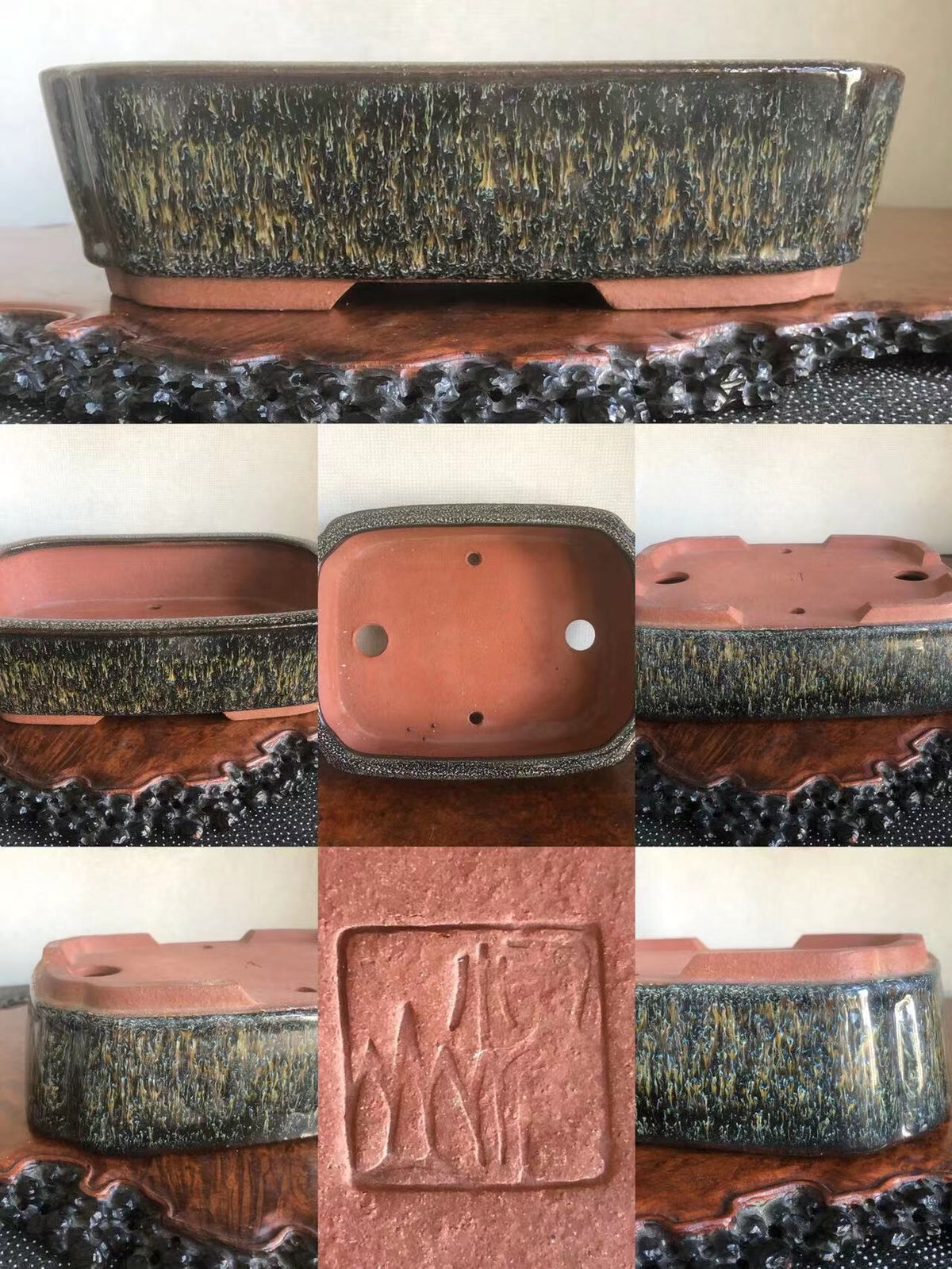 Rectangular glazed pot with speckled dark grey and gold glaze, unglazed terracotta interior, and carved square mark.