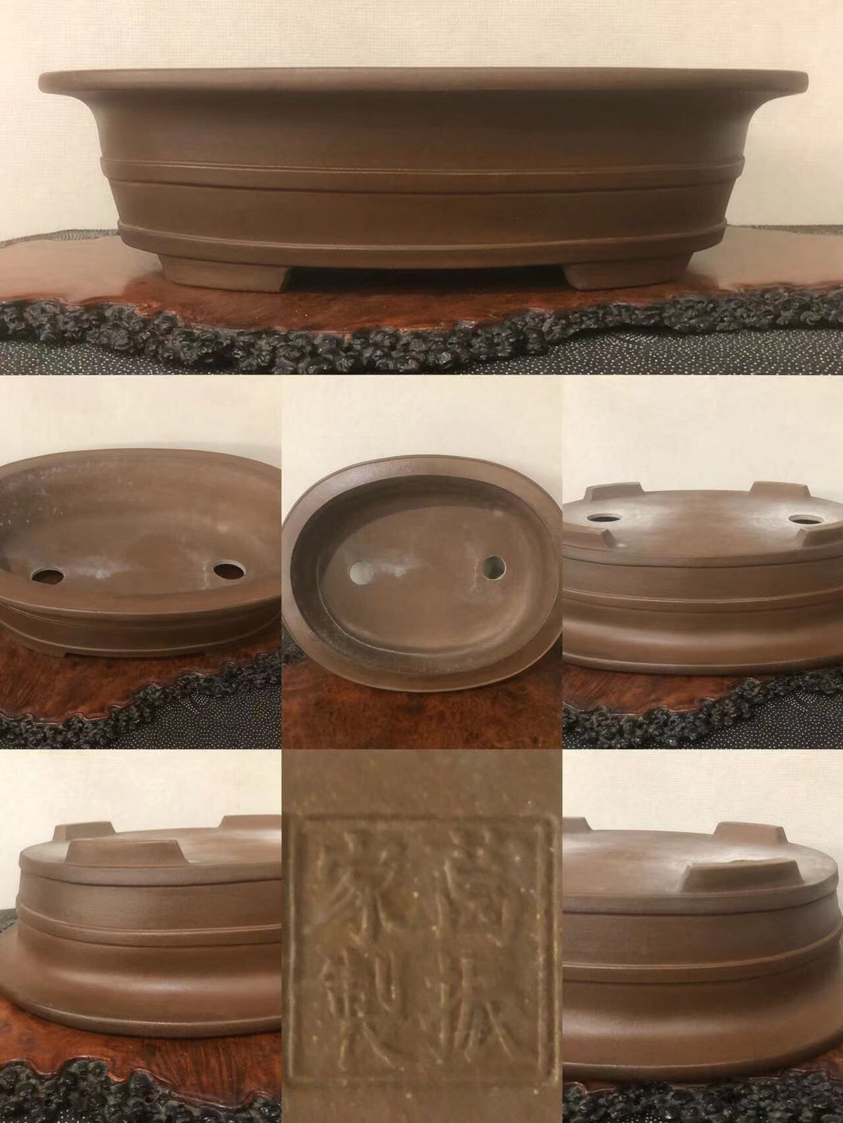 Dark brown glazed ceramic bonsai pot with three feet and a stamped square mark.