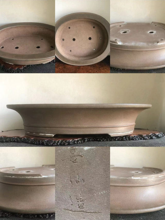 A matte brown ceramic bonsai pot with a low rim, drainage holes, and an engraved signature.