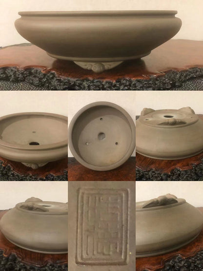 Grey unglazed ceramic pot with carved square seal mark and three feet, shown from multiple angles.