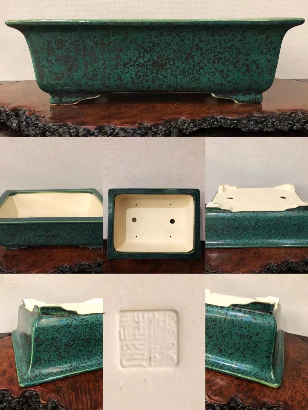 Rectangular green glazed pot with speckled finish and white interior, showing base seal.