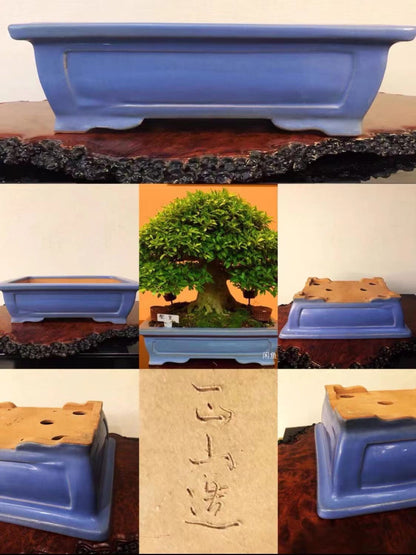A blue glazed rectangular pot with a wooden insert and a visible maker's mark.