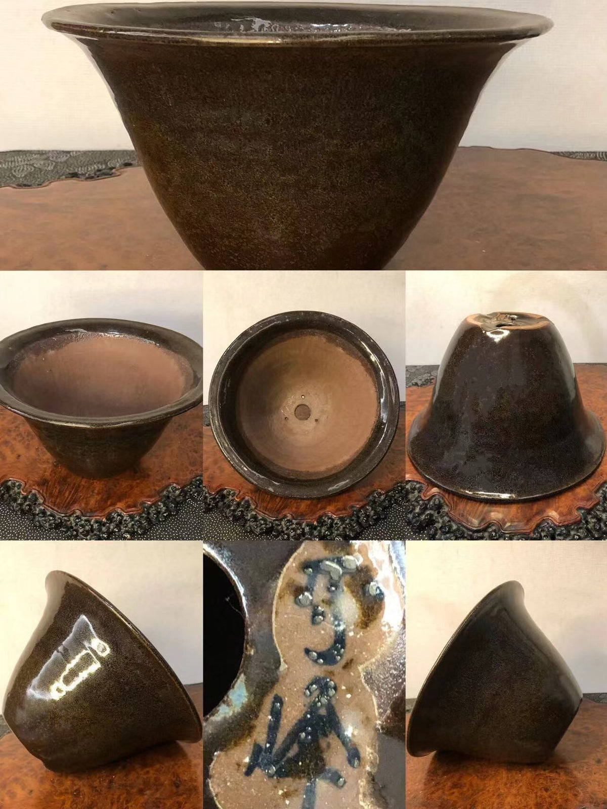 Dark brown glazed ceramic pot, wide rim, glossy finish, with blue and white speckled glaze on interior.
