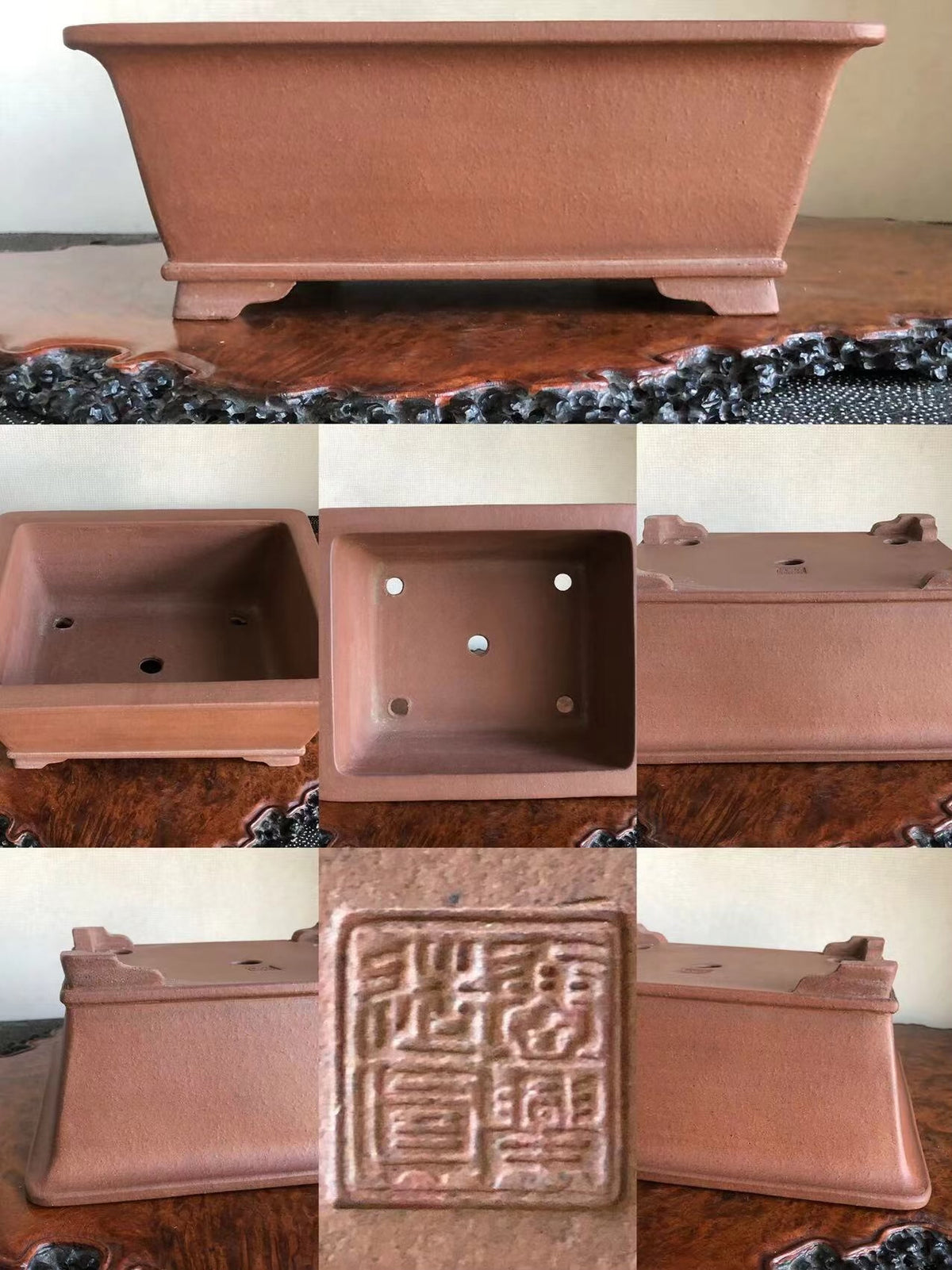 Rectangular terracotta bonsai pot with unglazed matte finish and raised base, showing maker's seal.