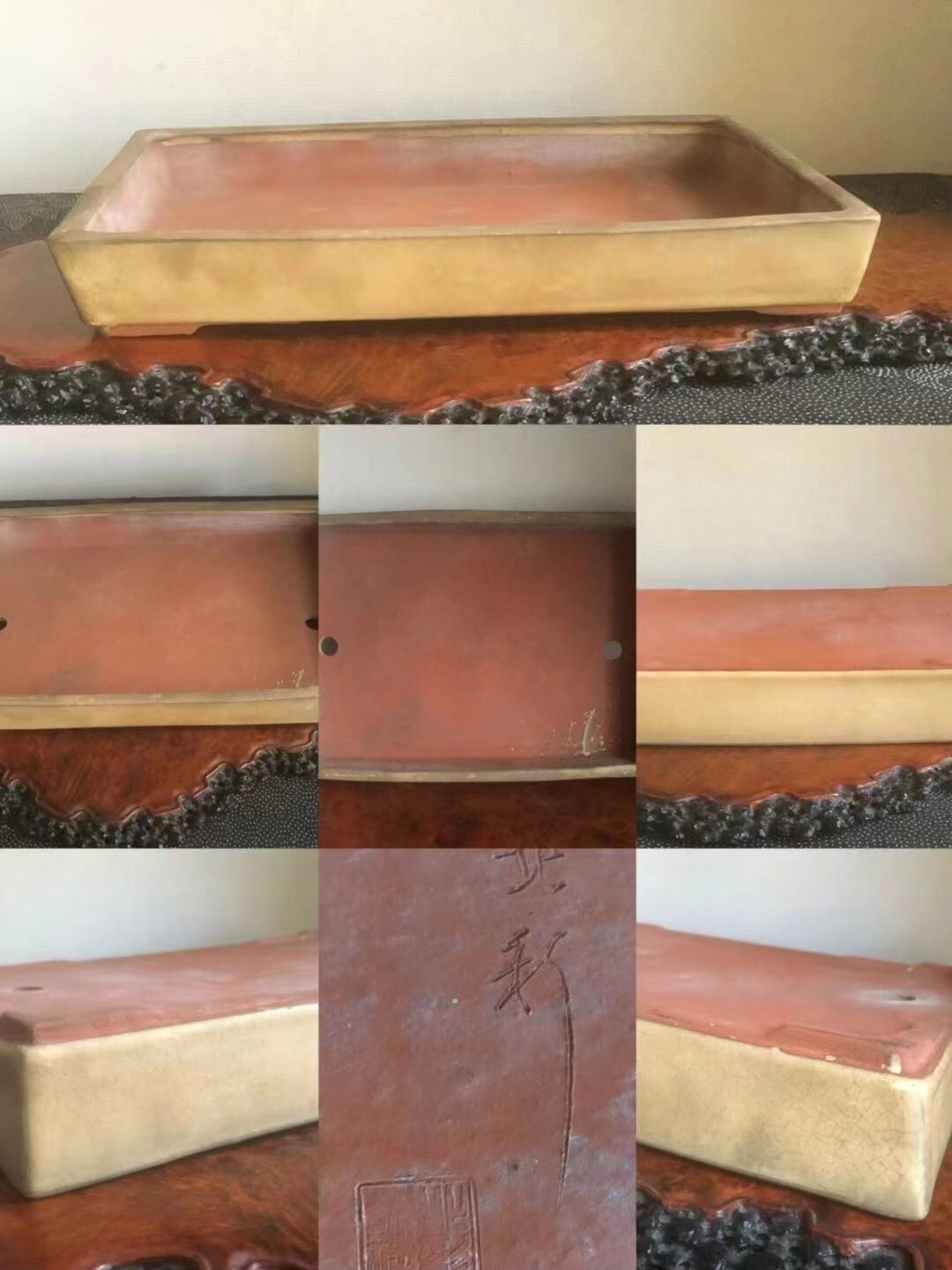 Rectangular glazed terracotta bonsai pot with gold rim and incised characters on side.