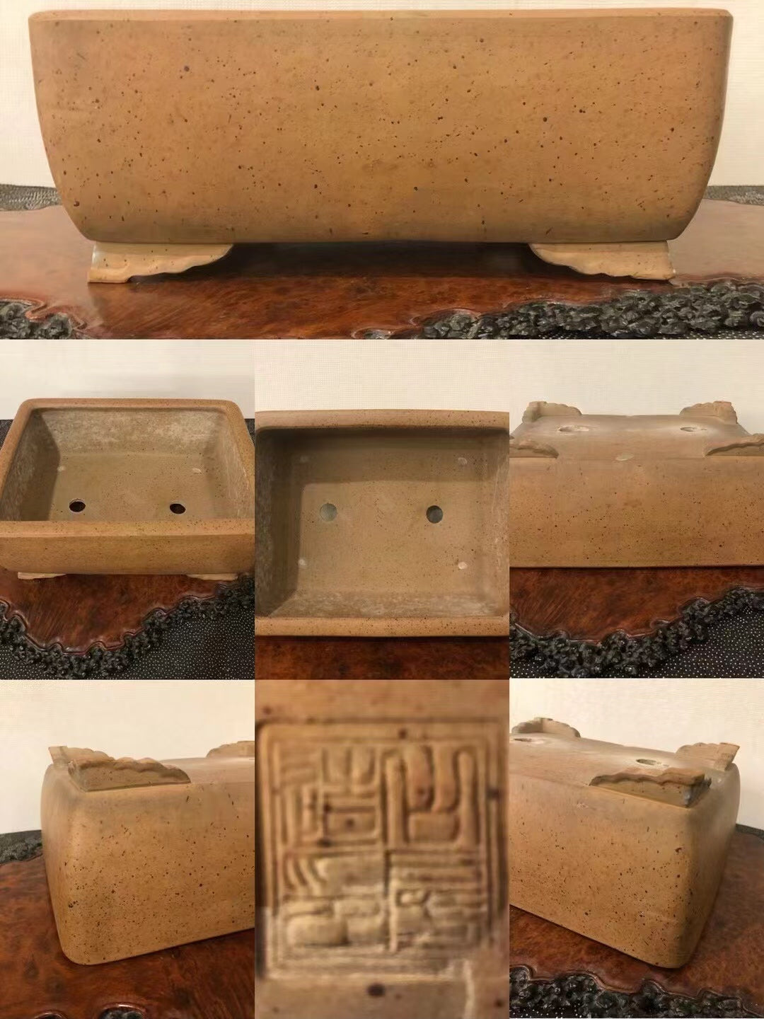 Rectangular terracotta pot with speckled matte finish and carved seal mark on base.