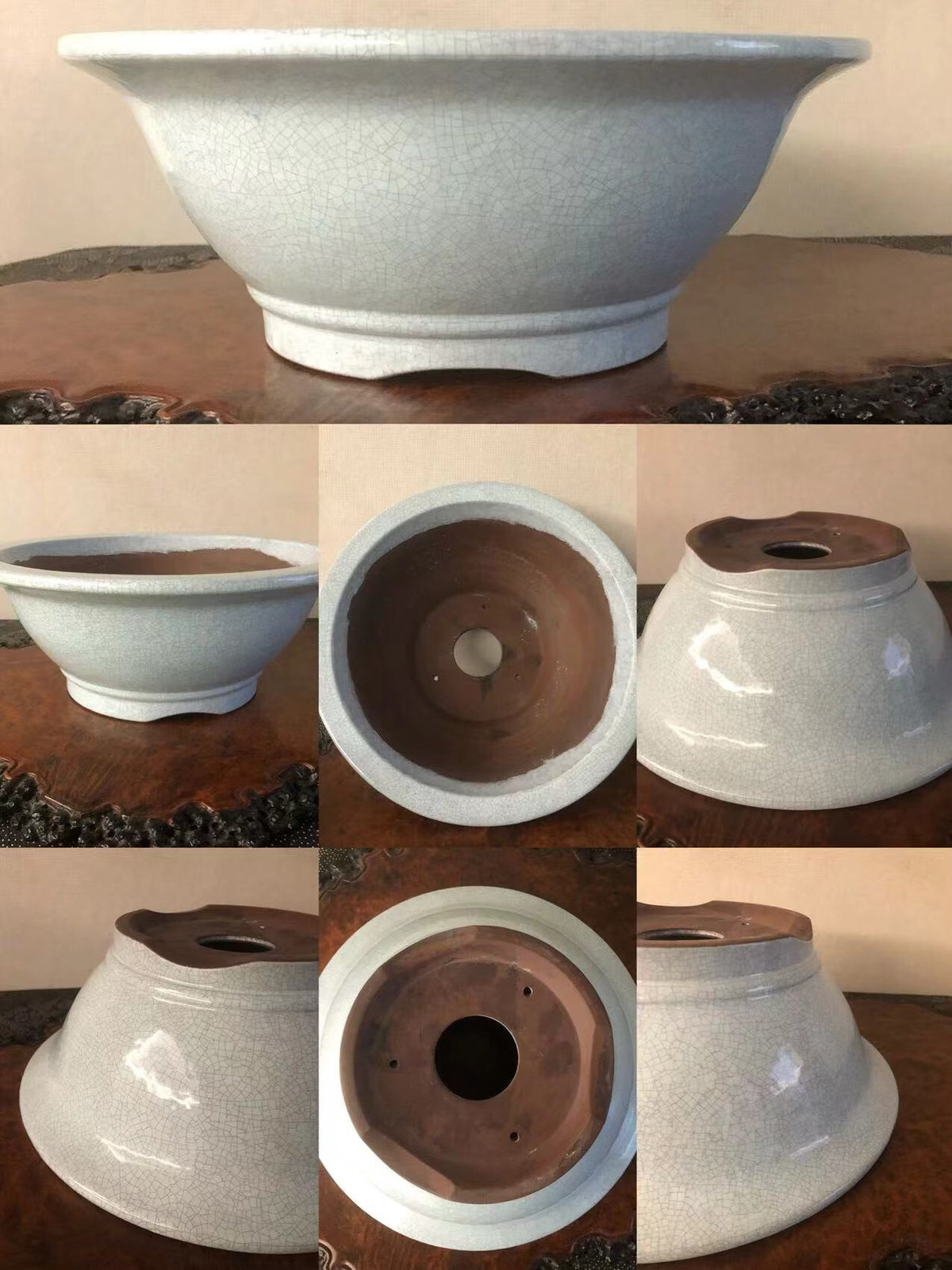 A wide, shallow ceramic pot with a crackled glaze and unglazed brown interior.