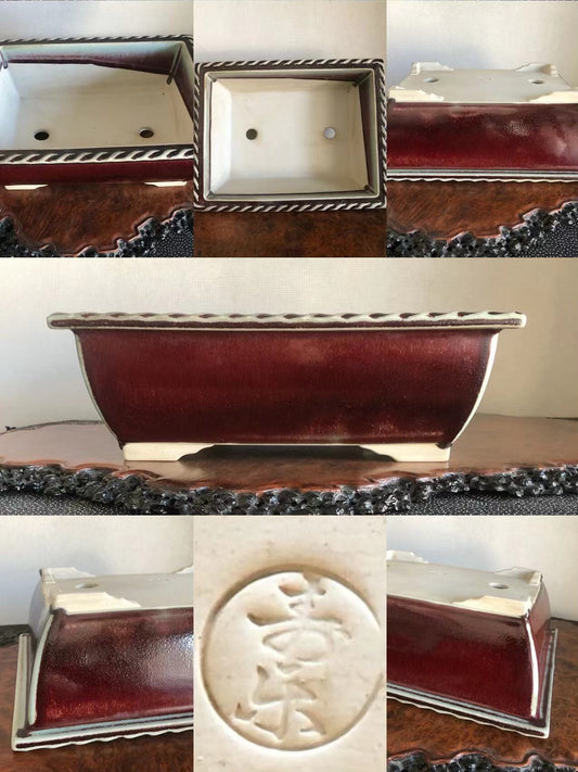 A rectangular bonsai pot with a glossy deep red glaze and a white interior, featuring a raised circular mark with characters.