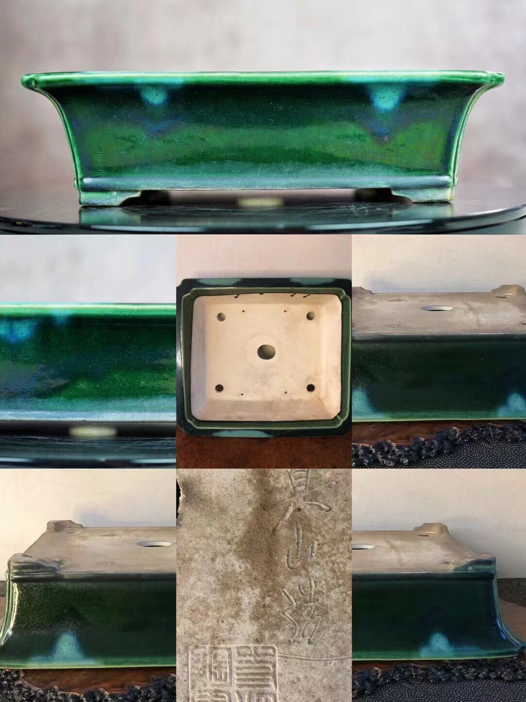 A rectangular glazed pot with a vibrant green glaze and subtle blue speckles, showing an engraved mark on its base.
