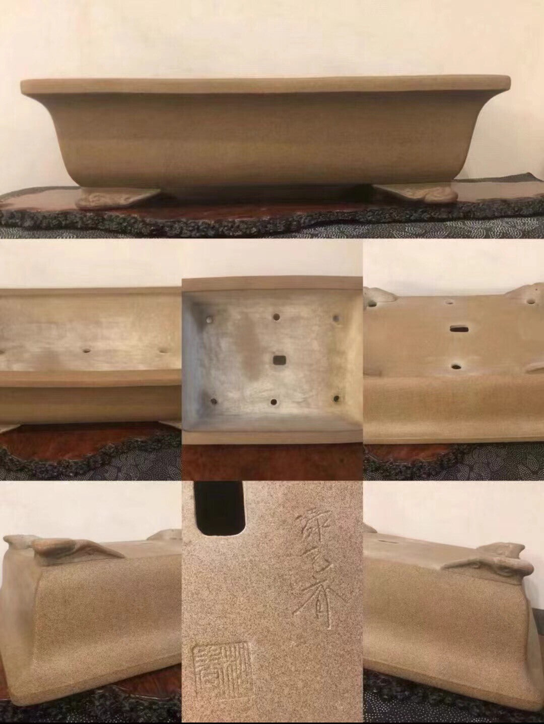 A beige, rectangular bonsai pot with carved characters and a glossy finish.