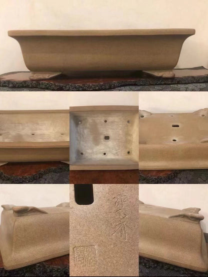 A beige, rectangular bonsai pot with carved characters and a glossy finish.
