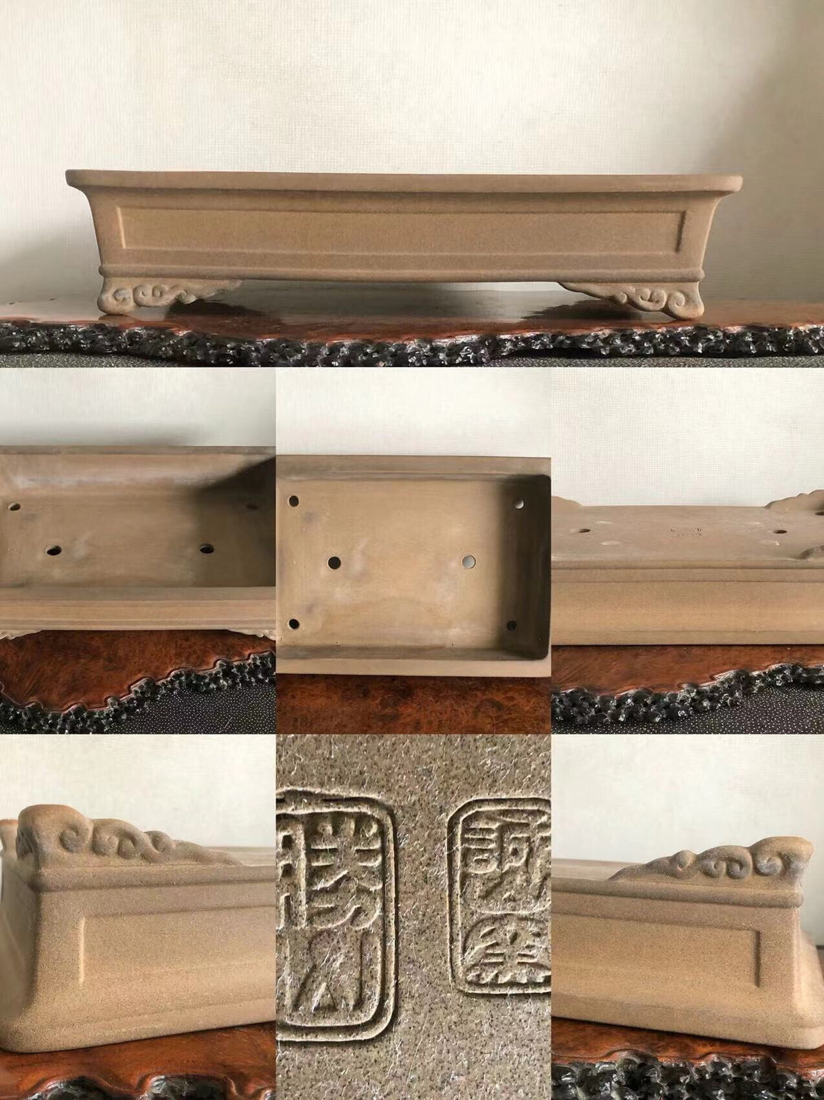 Rectangular beige ceramic pot with carved feet and two square maker’s marks on base.