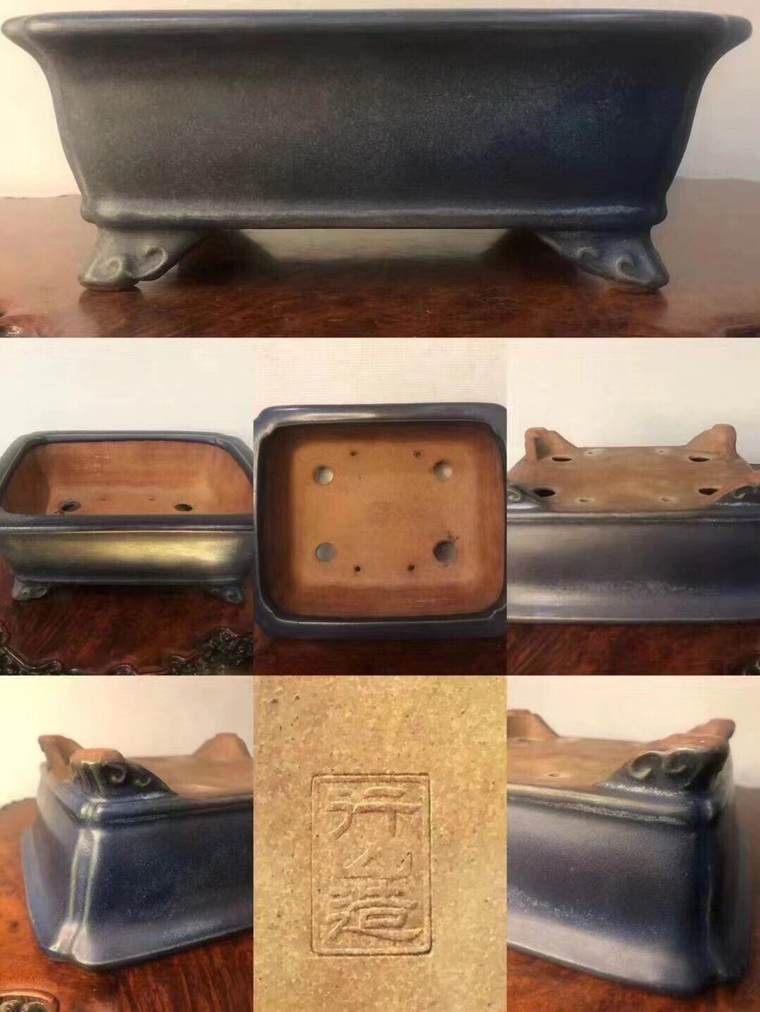 Dark blue glazed rectangular pot with four feet and a square base with four holes.