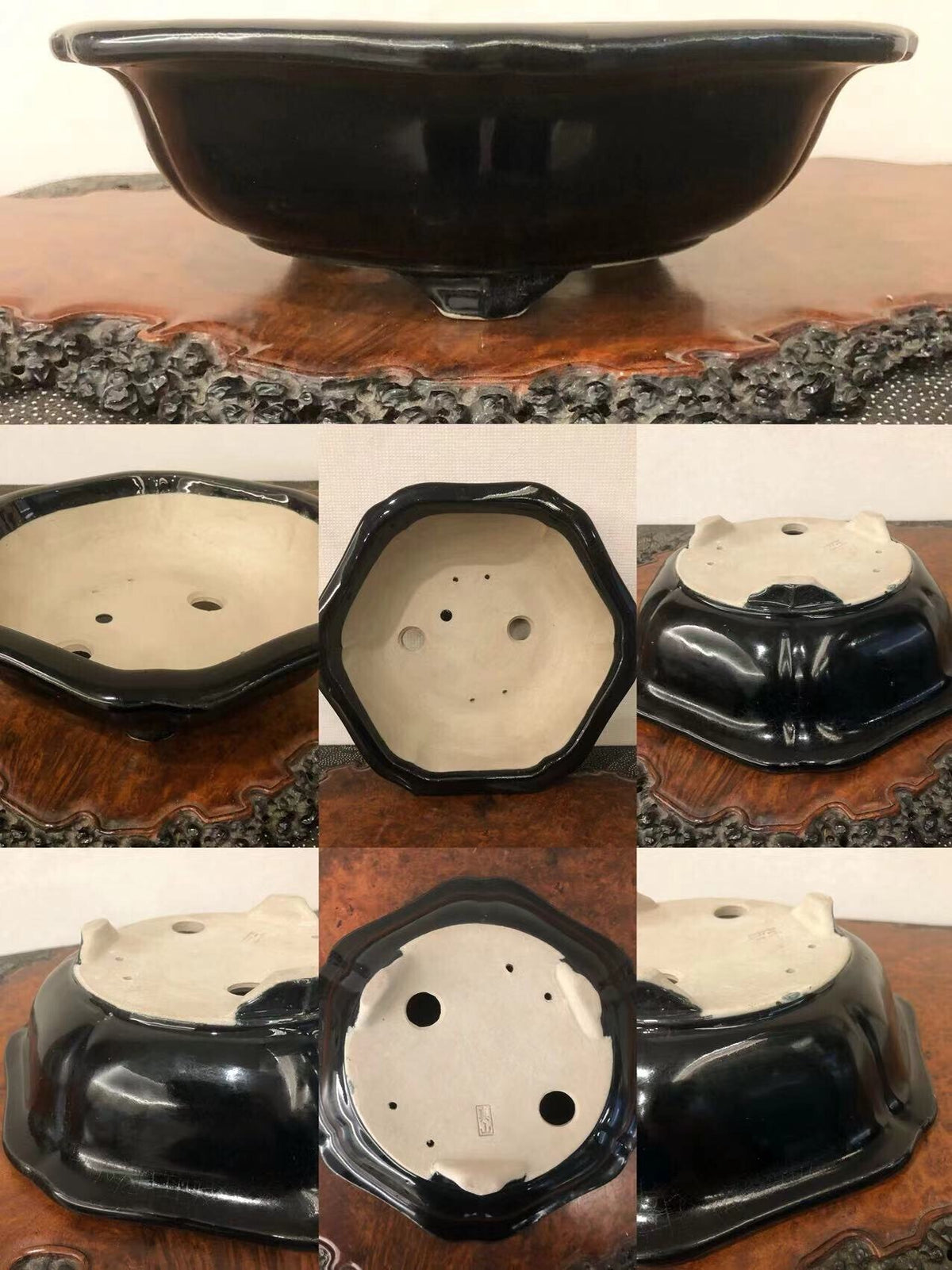 A glossy black octagonal bonsai pot with a flared rim and drainage holes.
