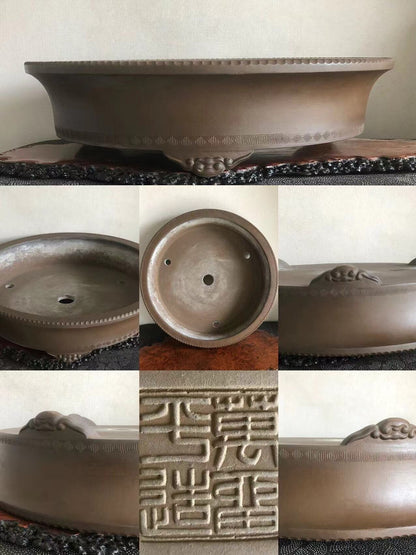 A brown glazed ceramic bonsai pot with carved dragon motifs and a raised rim.
